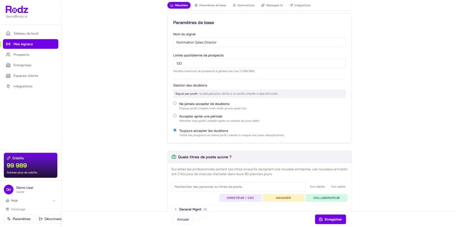 Configurer le signal, section Paramètres de base : nom du signal, limite quotidienne de prospects et gestion des doublons