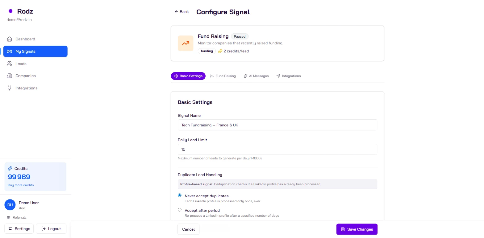 Configure Signal, Basic Settings tab: signal name, Daily Lead Limit and Duplicate Lead Handling