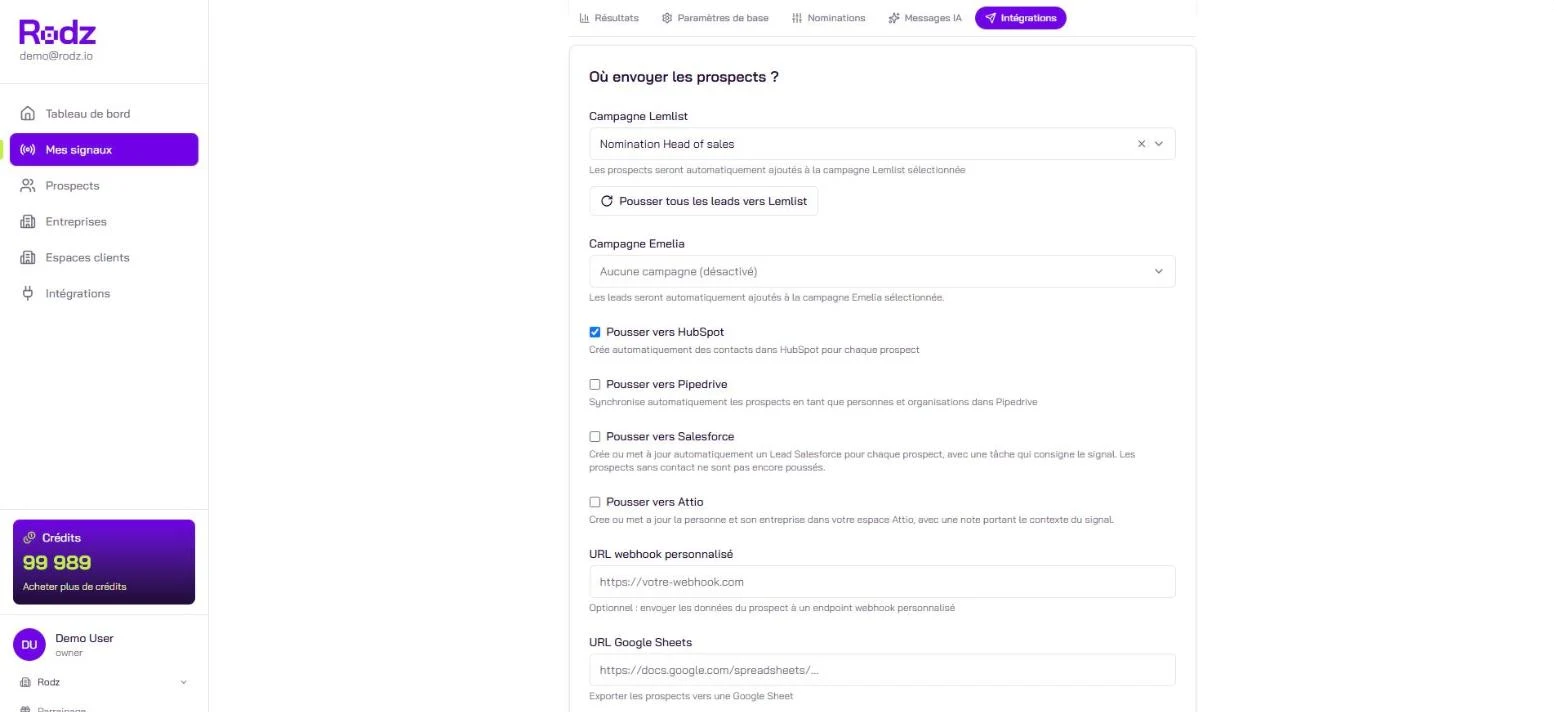 Onglet Intégrations du signal, « Où envoyer les prospects ? » : campagne lemlist choisie et Pousser vers HubSpot coché