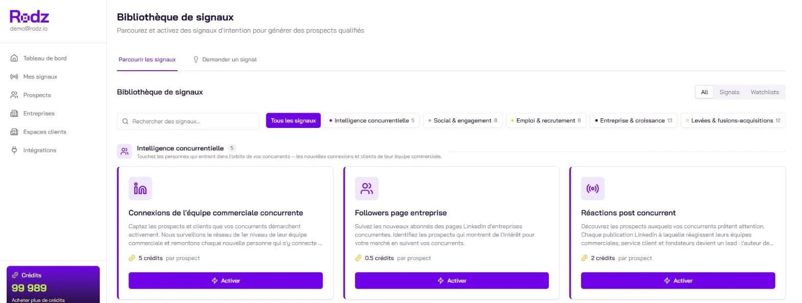 Bibliothèque de signaux, Intelligence concurrentielle : la carte Connexions de l’équipe commerciale concurrente et son bouton Activer